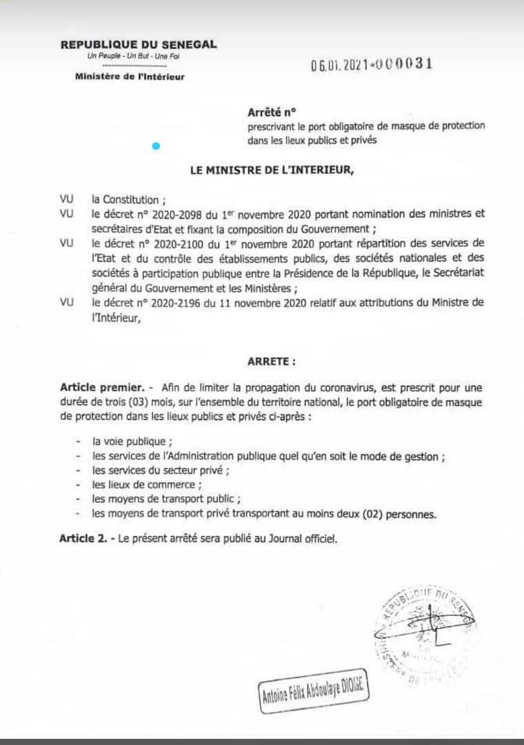 arrêté ministériel - port de masque obligatoire au Sénégal2
