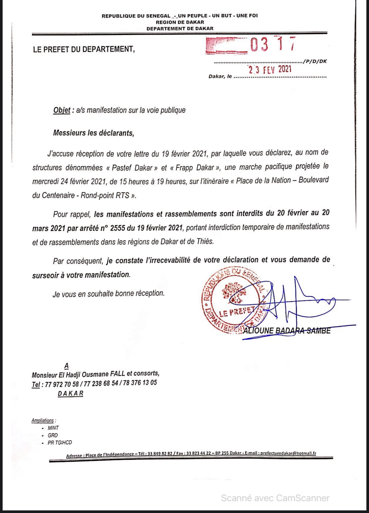 Interdiction de marche à Dakar par le Préfet