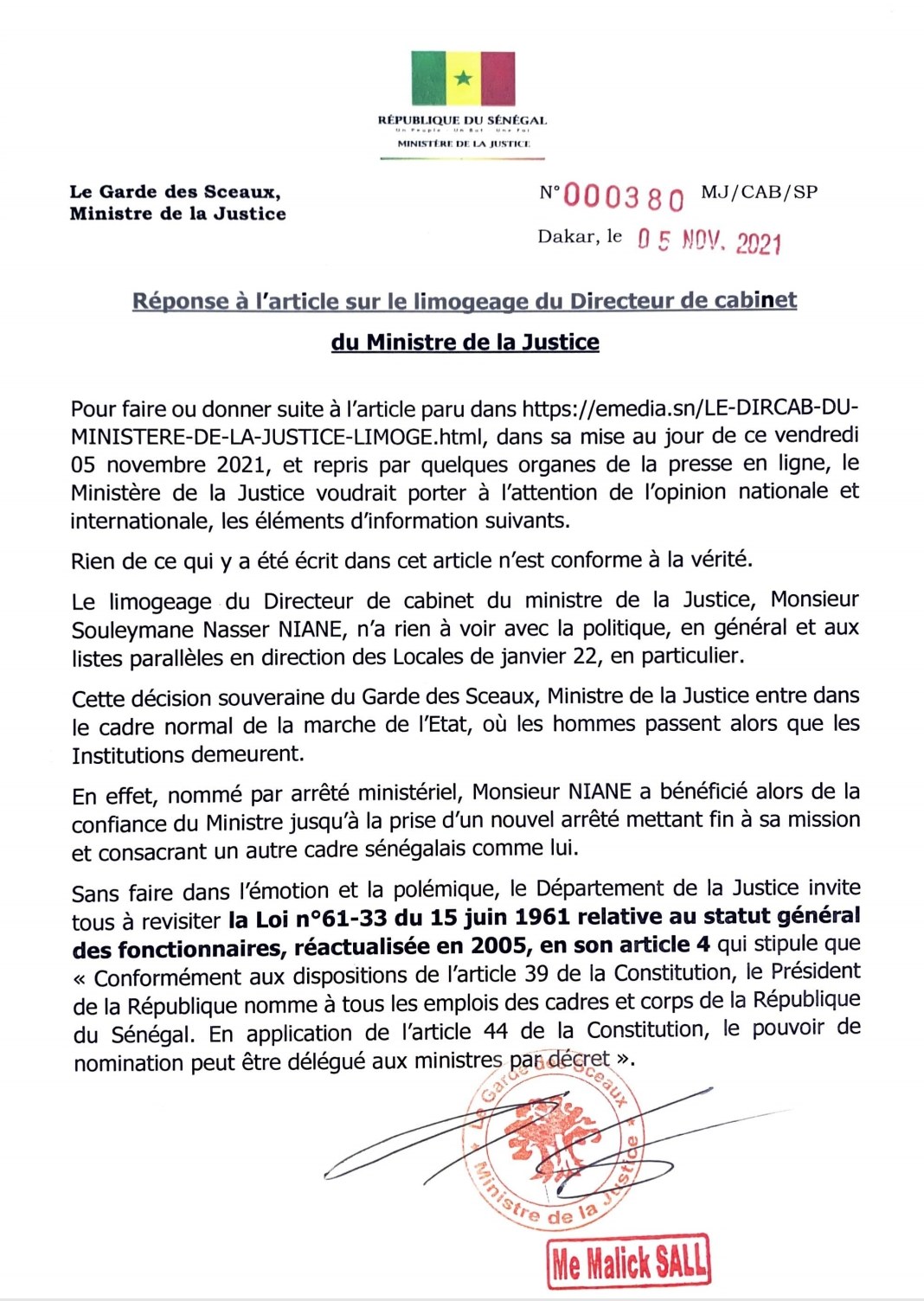 Malick Sall confirme le limogeage de son Directeur de Cabinet Souleymane Nasser Niane