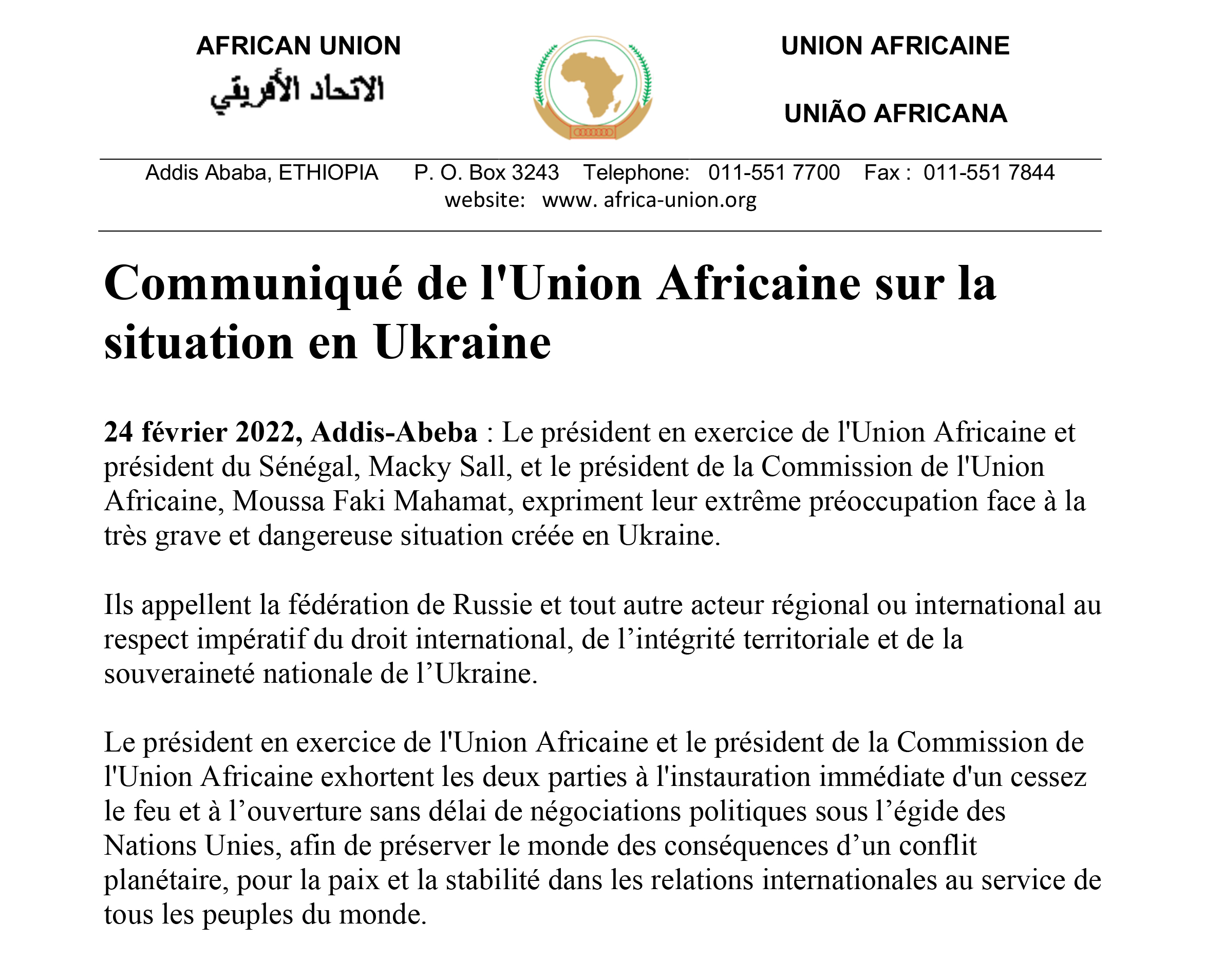 Déclaration du Président de l'Union Africaine