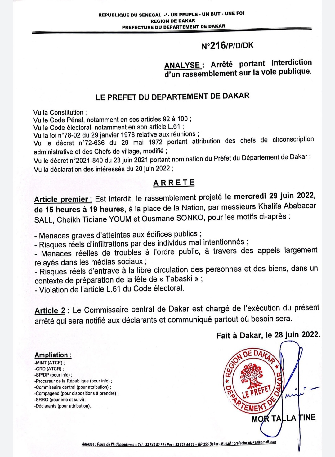 Le Préfet de Dakar interdit le Rassemblement de l'Opposition - Yewwi Askan Wi