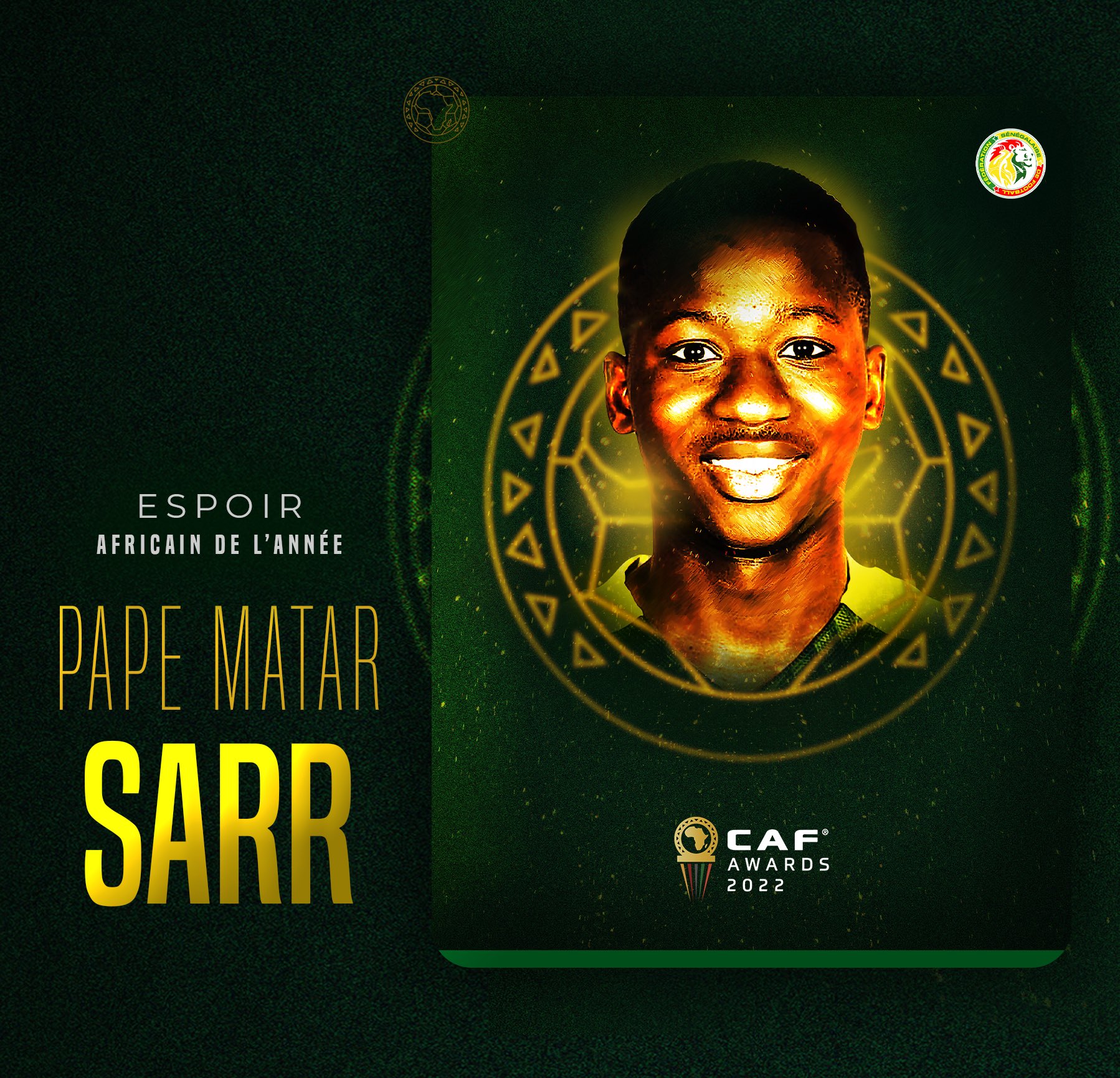 Pape Matar Sarr - sacré meilleur jeune joueur africain de l'année-CAFAwards2022