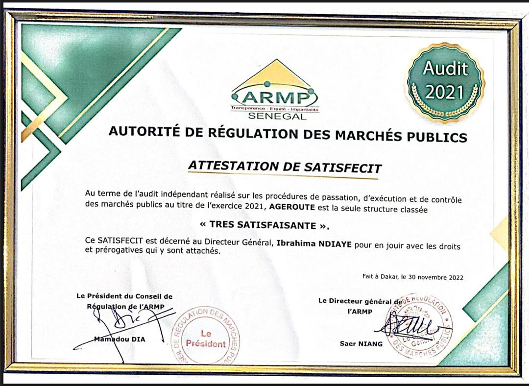 ARMP confère à l'AGEROUTE la mention très satisfaisante