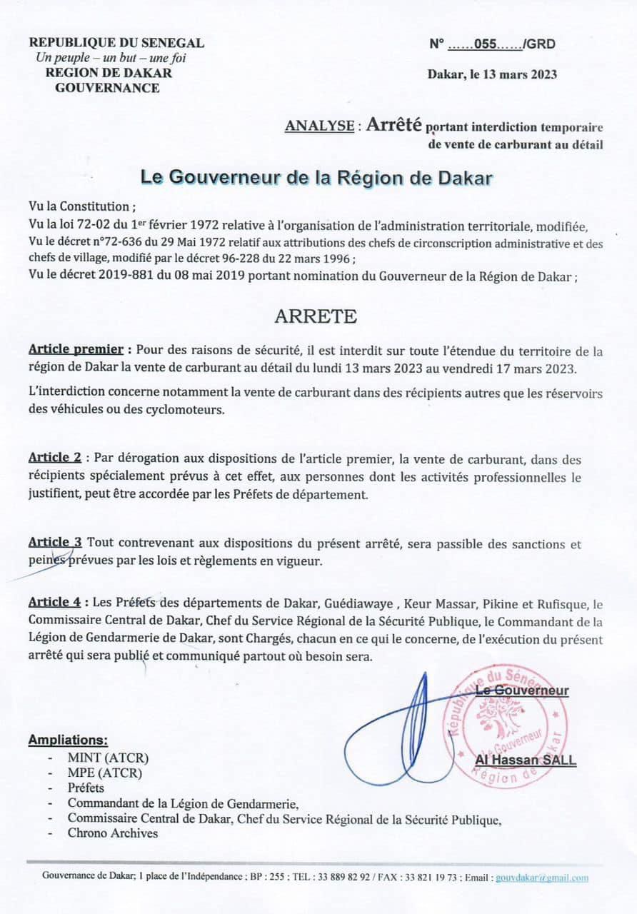 Le gouverneur de Dakar interdit la vente de carburant au détail