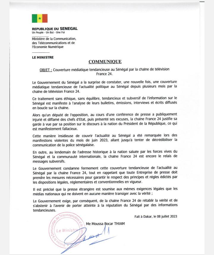Le gouvernement du Sénégal accuse France24 de traitement tendancieux de l'actualité politique au Sénégalaise