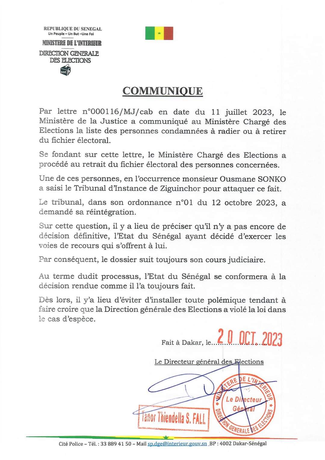 Communiqué Direction général des élections sur l'affaire Ousmane SONKO