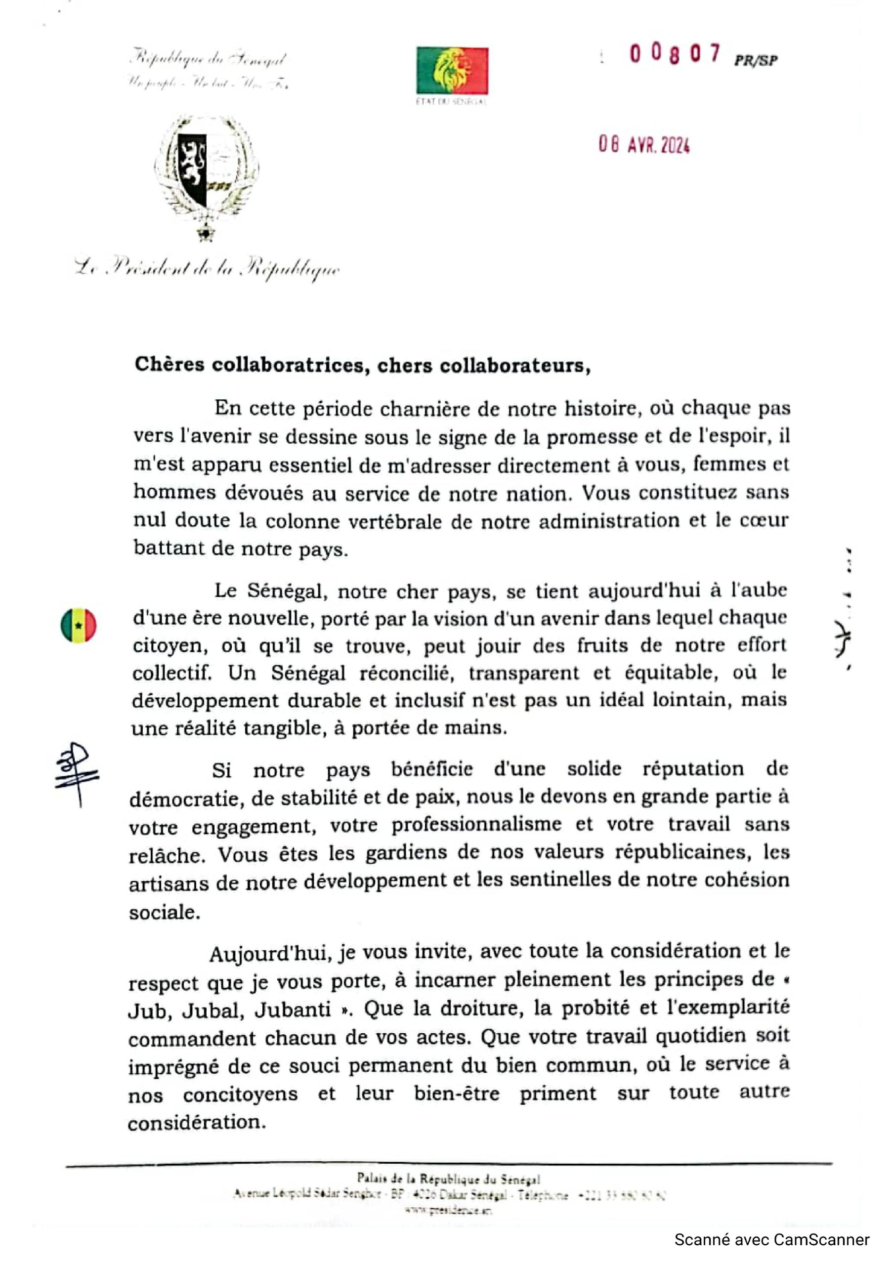 Lettre du Président Bassirou Diomaye Faye aux fonctionnaires et agents de l'administration sénégalaise (1)