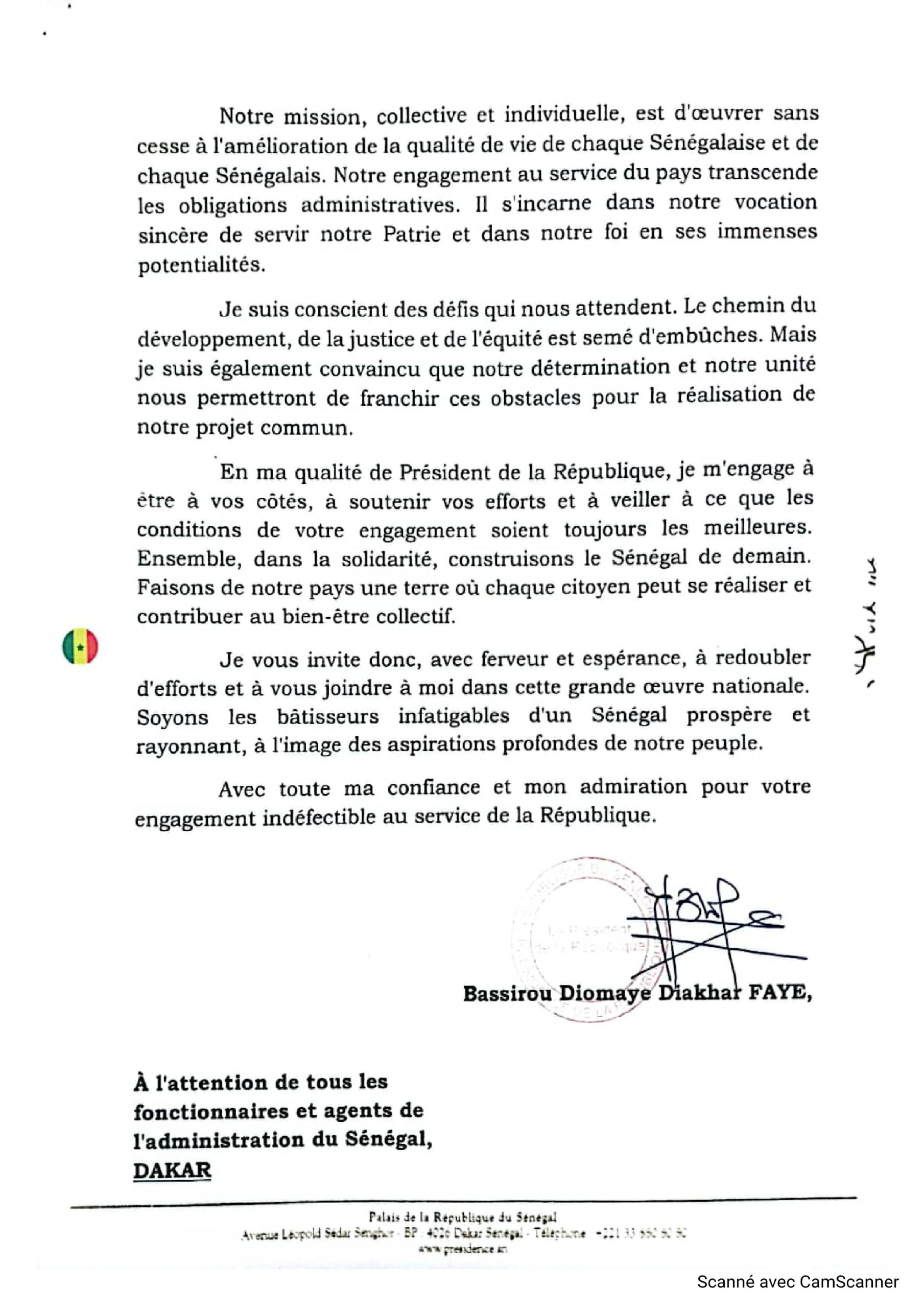 Lettre du Président Bassirou Diomaye Faye aux fonctionnaires et agents de l'administration sénégalaise (2)