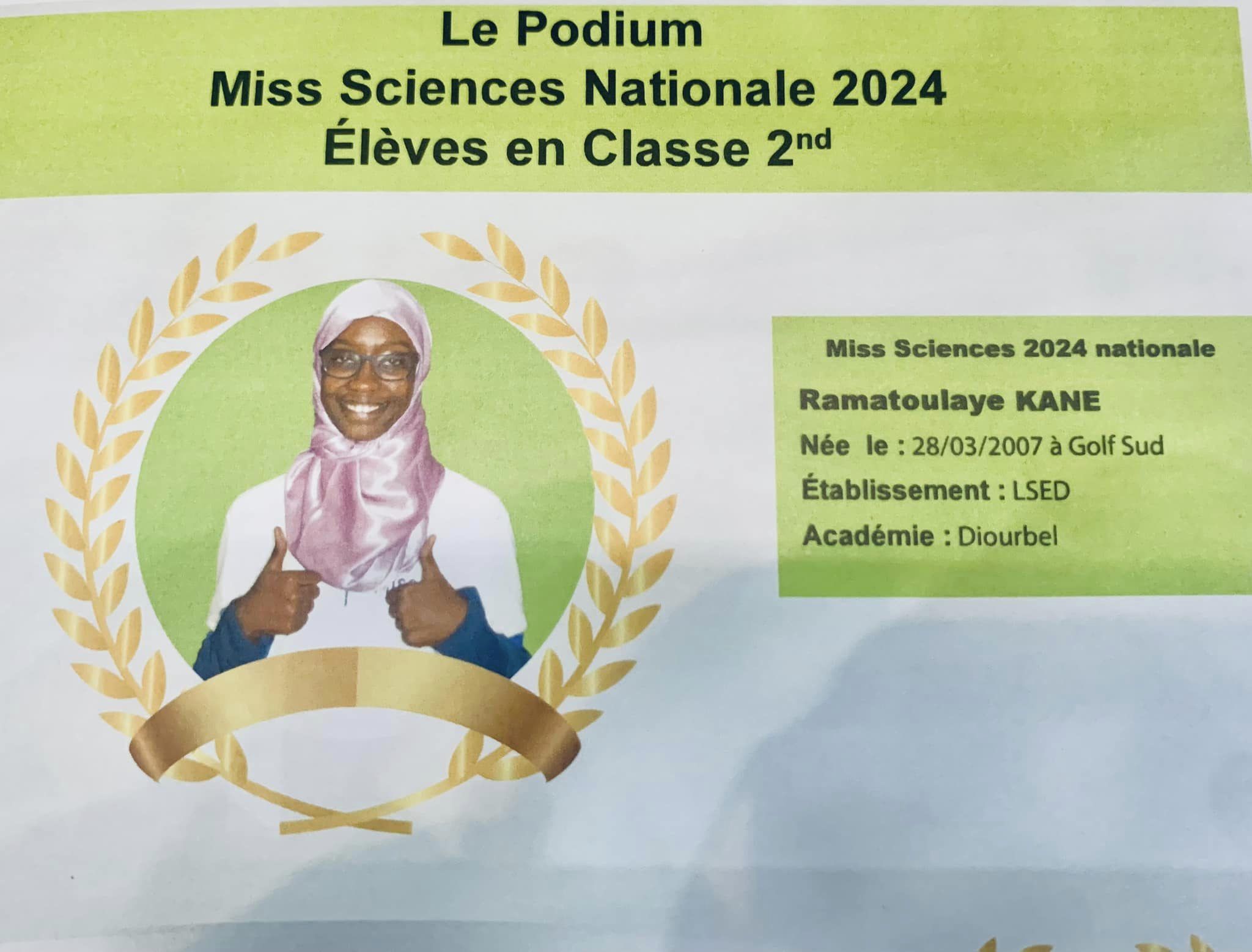 Ramatoulaye Kane du Lycée d'Excellence scientifique de Diourbel - Miss Mathématiques 2024