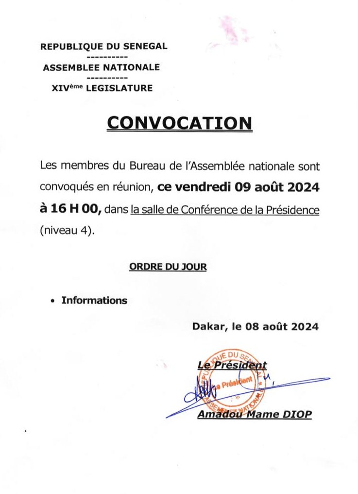 Convocation du Bureau de l'Assemblée nationale ce vendredi