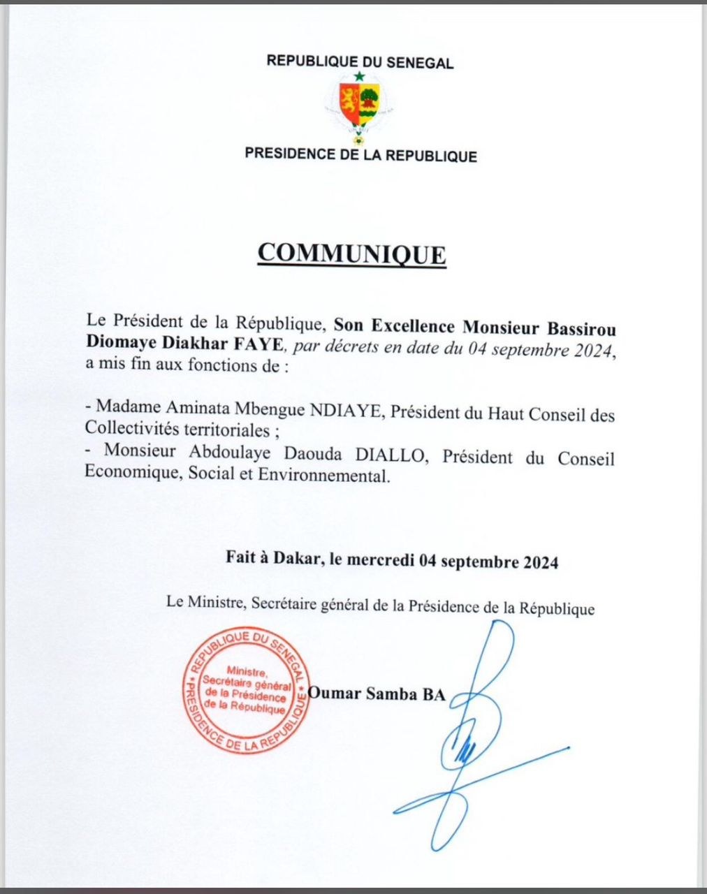 Bassirou Diomaye Faye a mis fin aux fonctions de Abdoulaye Daouda Diallo, Président du CESE et de Aminata Mbengue Ndiaye Présidente du HCCT