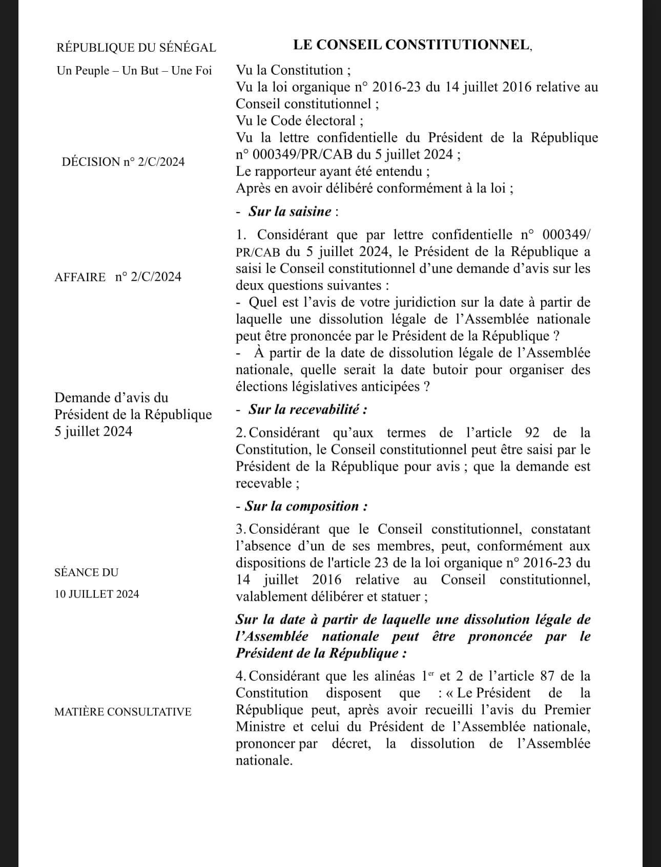 Législatives Sénégalaises du 17 novembre 2024 - Le parrainage n'est pas applicable, Décision du Conseil Constitutionnel